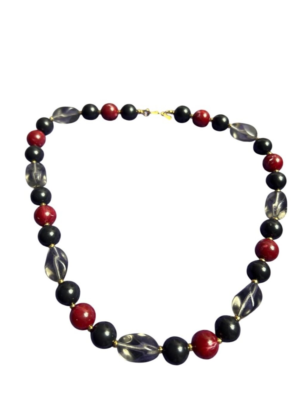 Vintage 80s Monet Beaded Necklace Plastic Red Black Clear Goldtone 17 inches